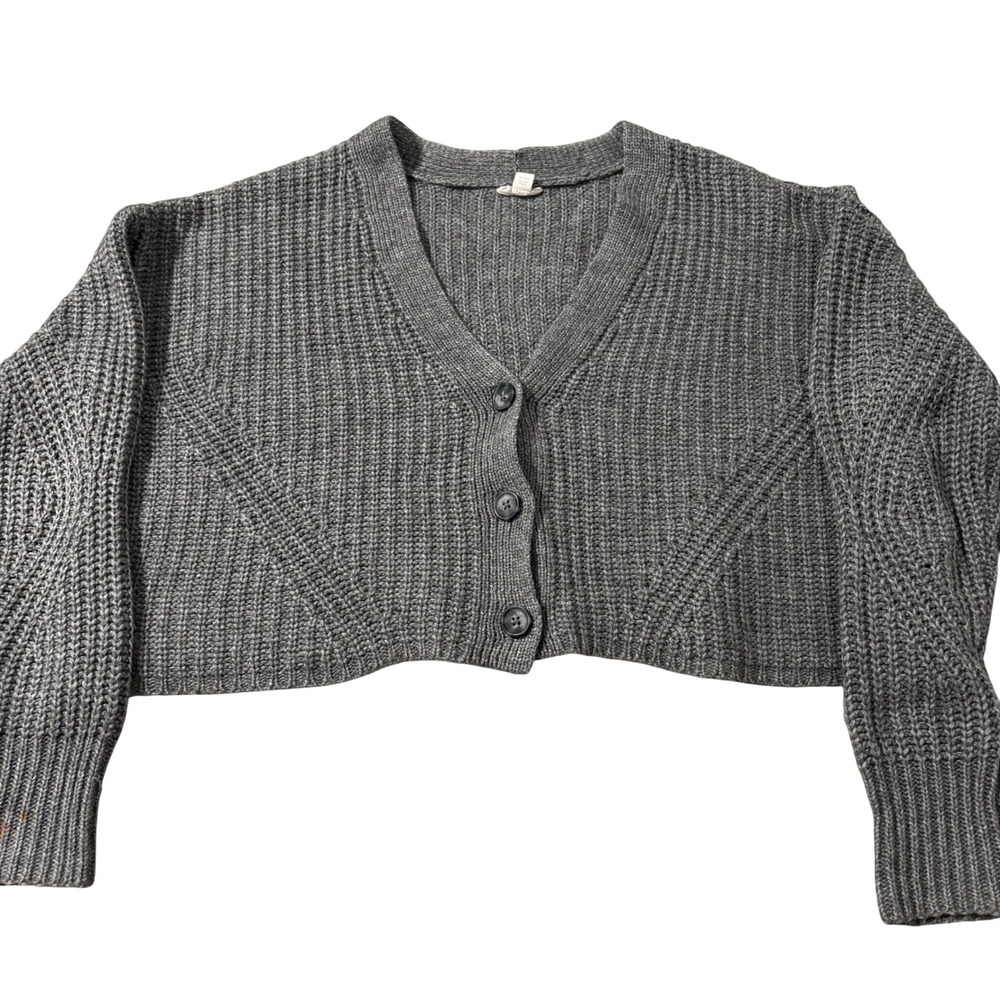 ANA Petite Grey Cropped Cardigan Sweater Ribbed Knit V-Neck Button Front PS
